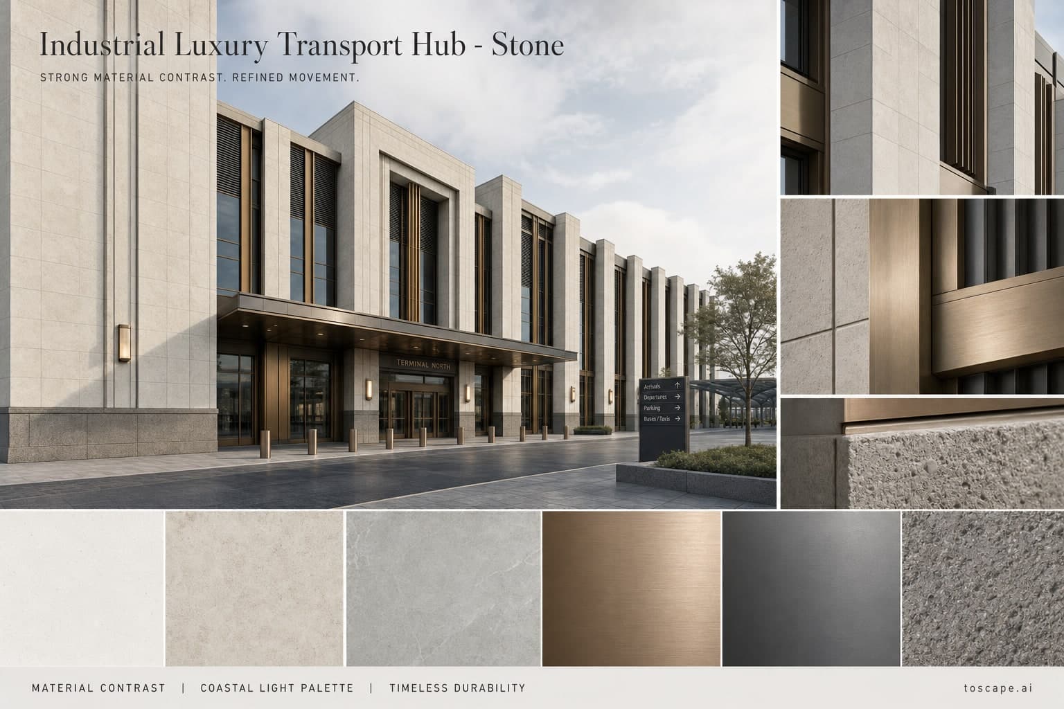 Industrial Luxury Transport Hub — Stone exterior moodboard plate