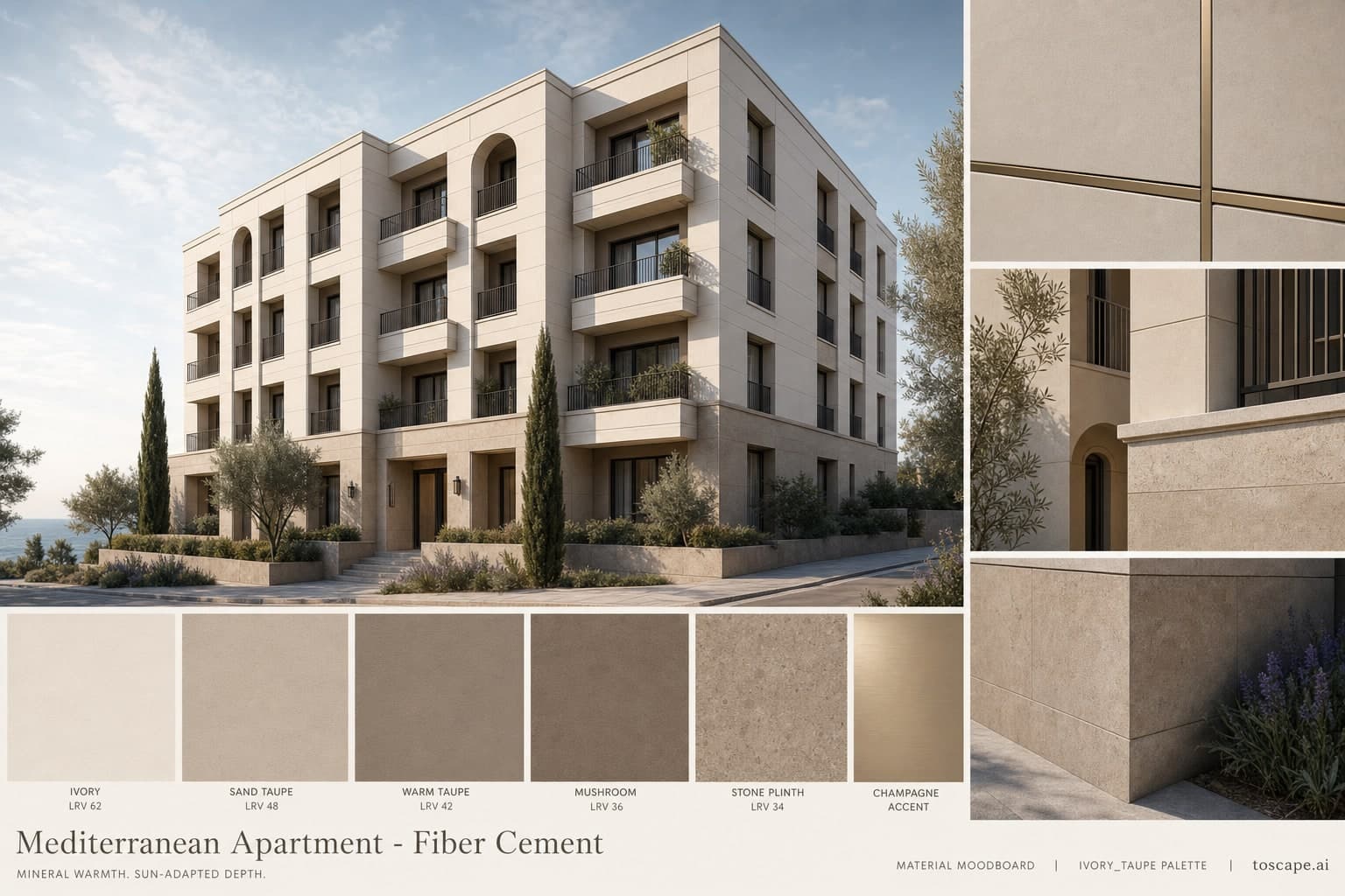 Mediterranean Apartment — Fiber Cement exterior moodboard plate