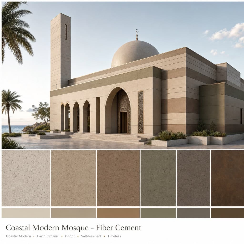 Coastal Modern Mosque — Fiber Cement exterior moodboard card