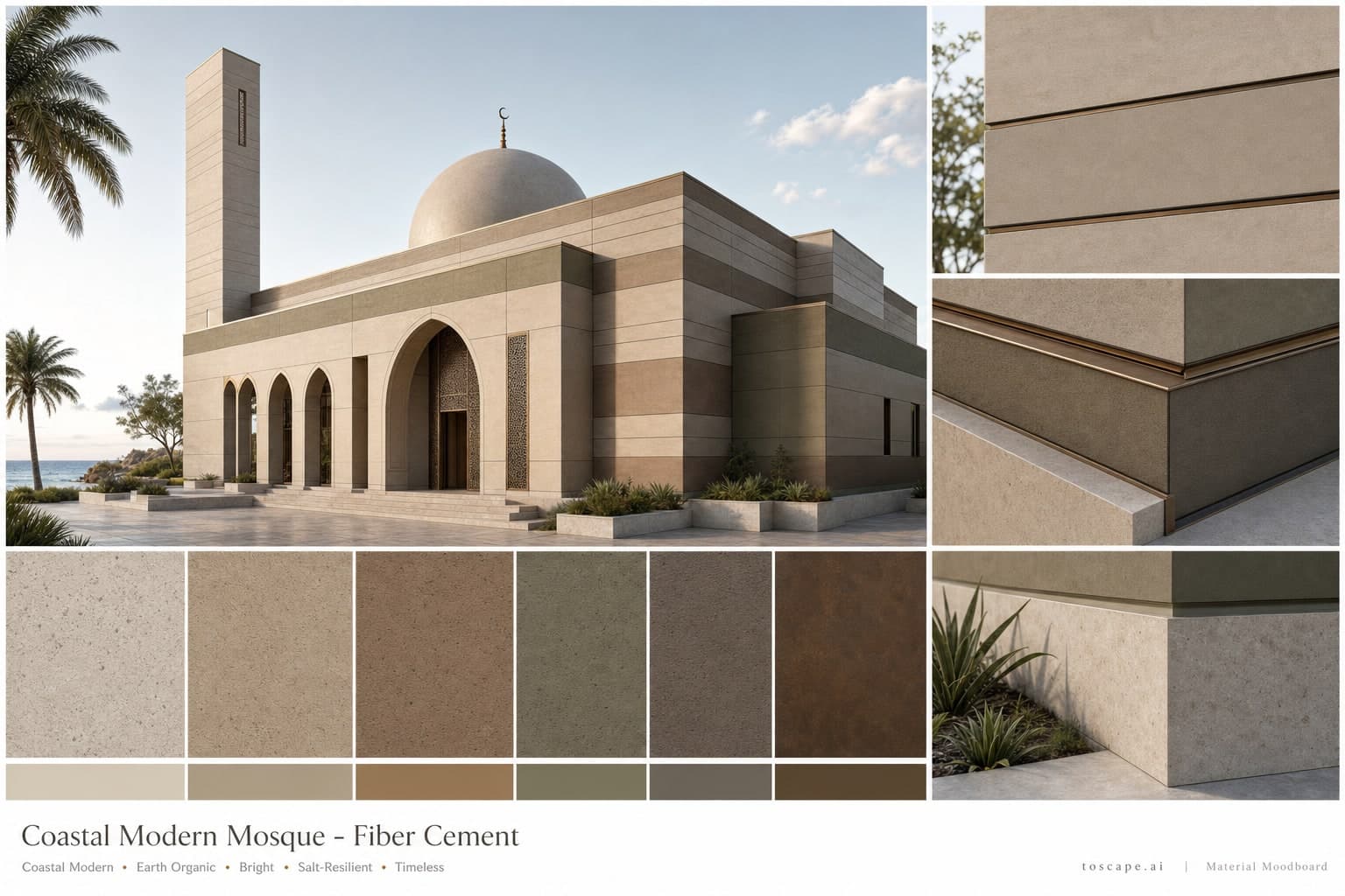 Coastal Modern Mosque — Fiber Cement exterior moodboard plate