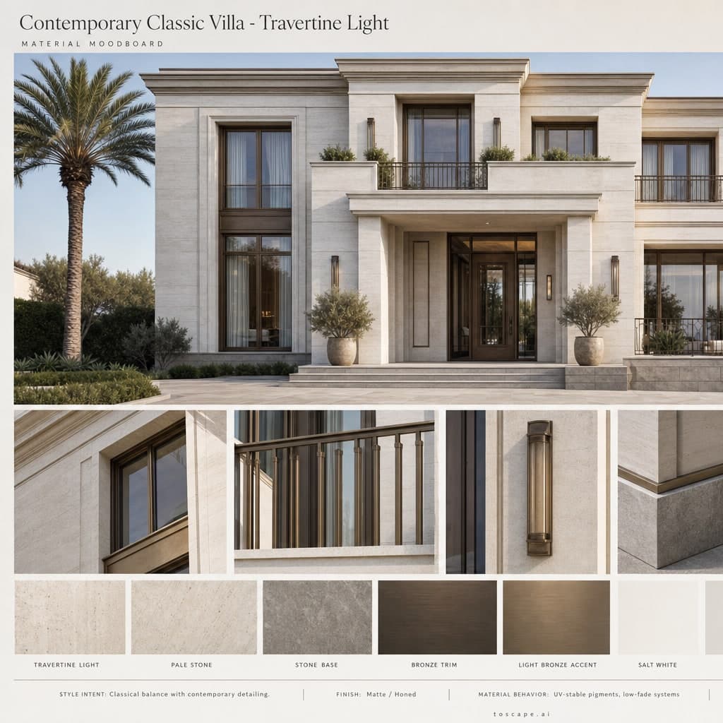 Contemporary Classic Villa — Travertine Light exterior moodboard card