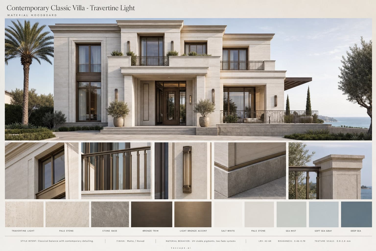 Contemporary Classic Villa — Travertine Light exterior moodboard plate