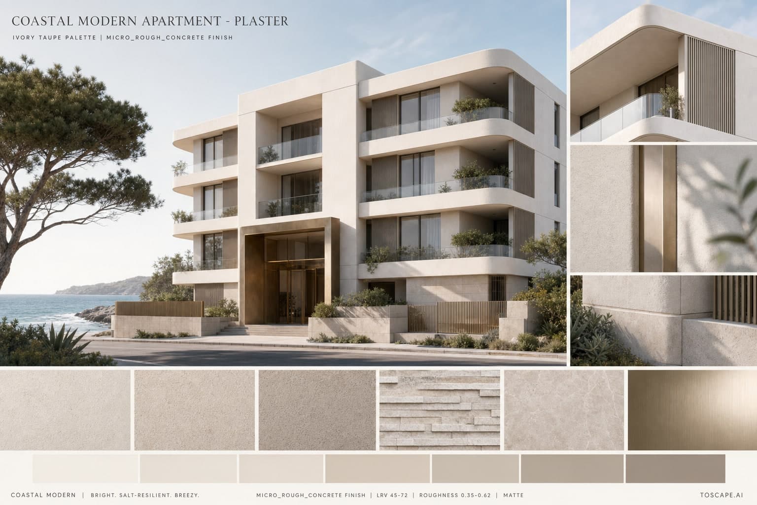Coastal Modern Apartment — Plaster exterior moodboard plate