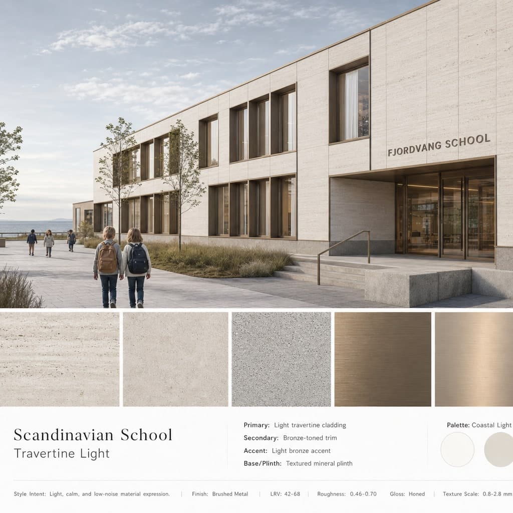 Scandinavian School — Travertine Light exterior moodboard card