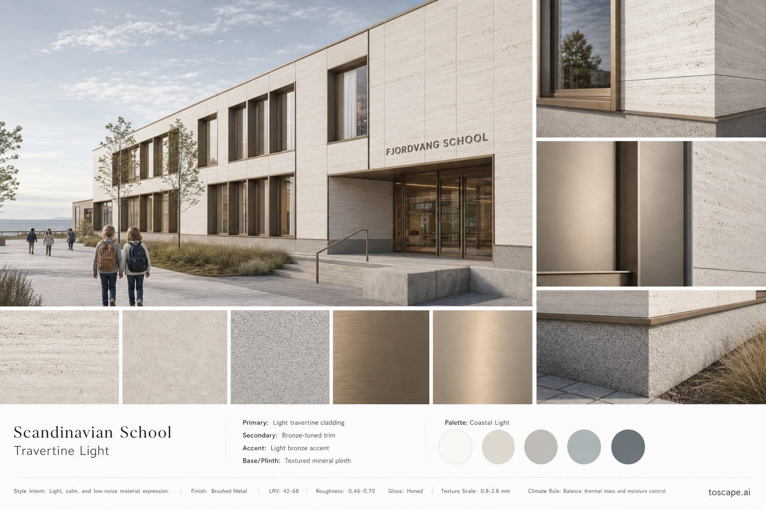 Scandinavian School — Travertine Light exterior moodboard plate