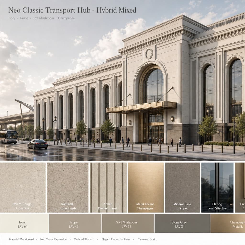 Neo Classic Transport Hub — Hybrid Mixed exterior moodboard card