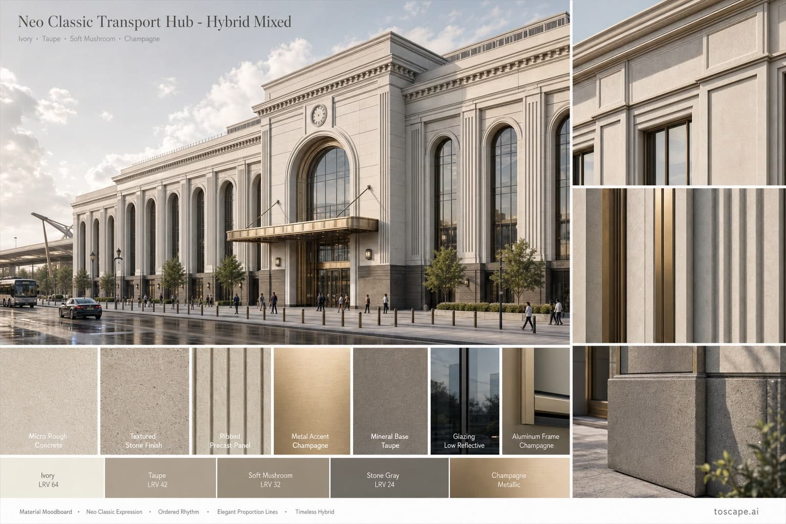 Neo Classic Transport Hub — Hybrid Mixed exterior moodboard plate