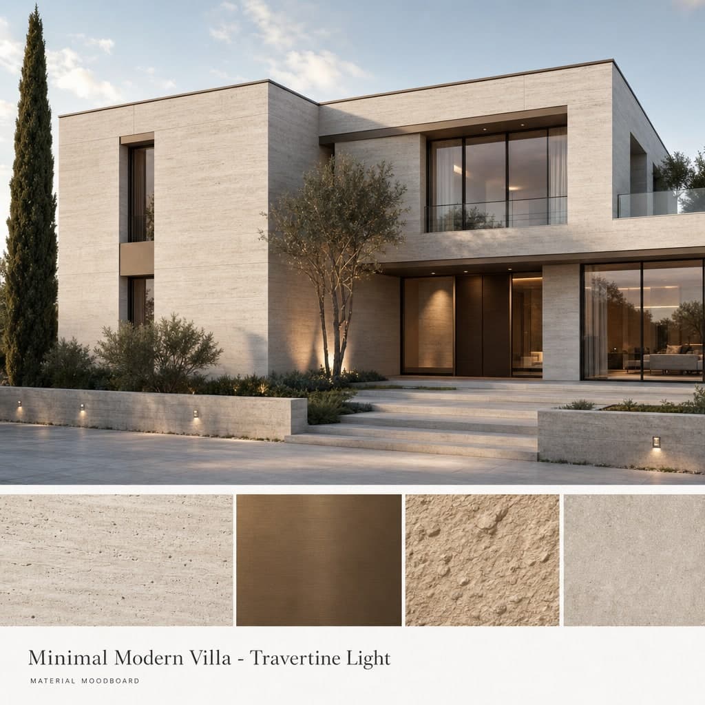 Minimal Modern Villa — Travertine Light exterior moodboard card