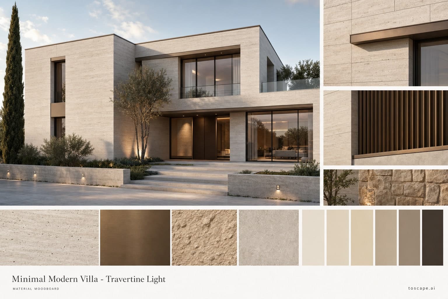 Minimal Modern Villa — Travertine Light exterior moodboard plate