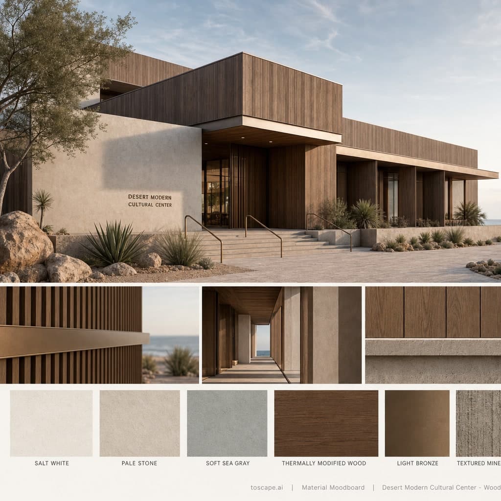 Desert Modern Cultural Center — Wood exterior moodboard card