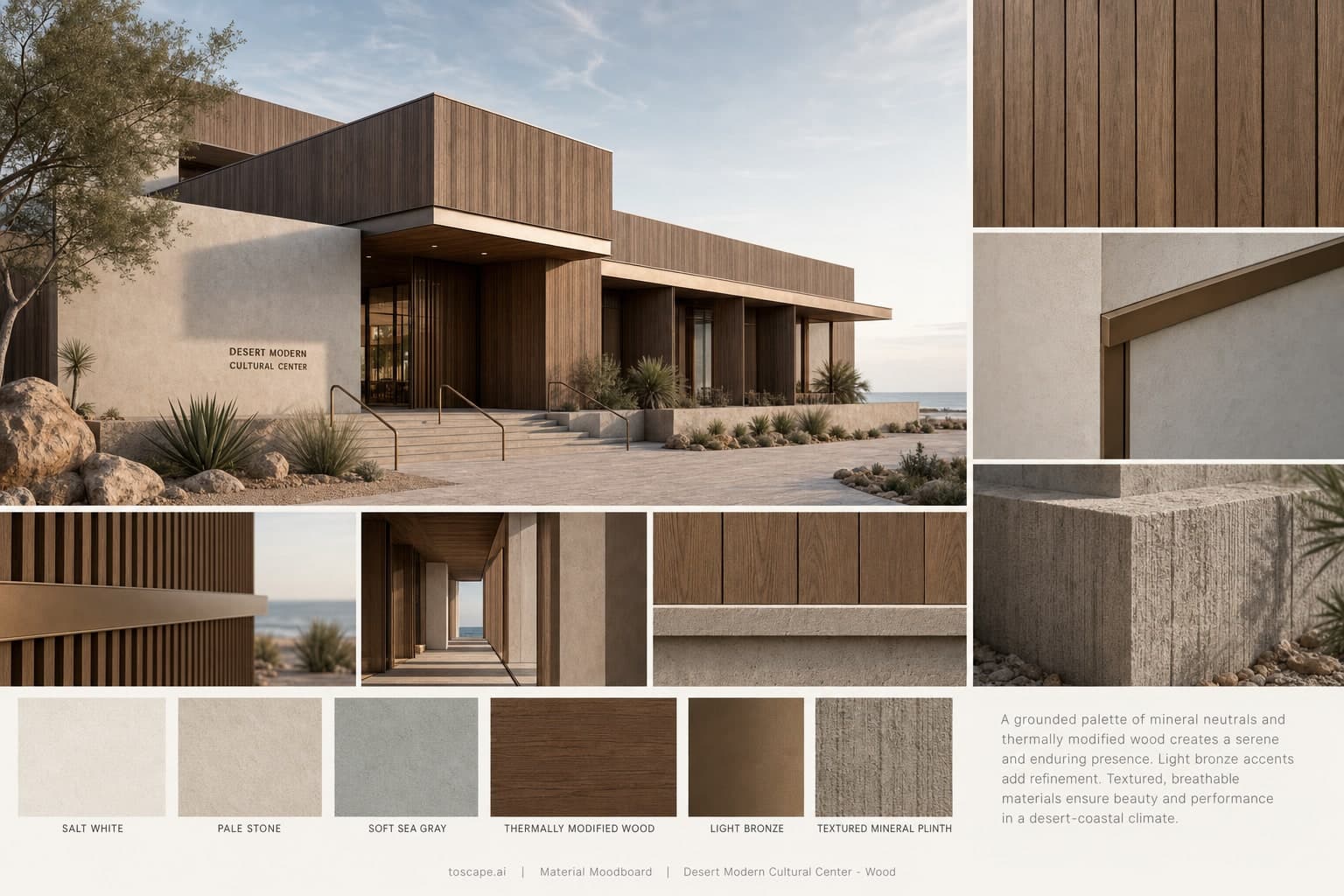 Desert Modern Cultural Center — Wood exterior moodboard plate
