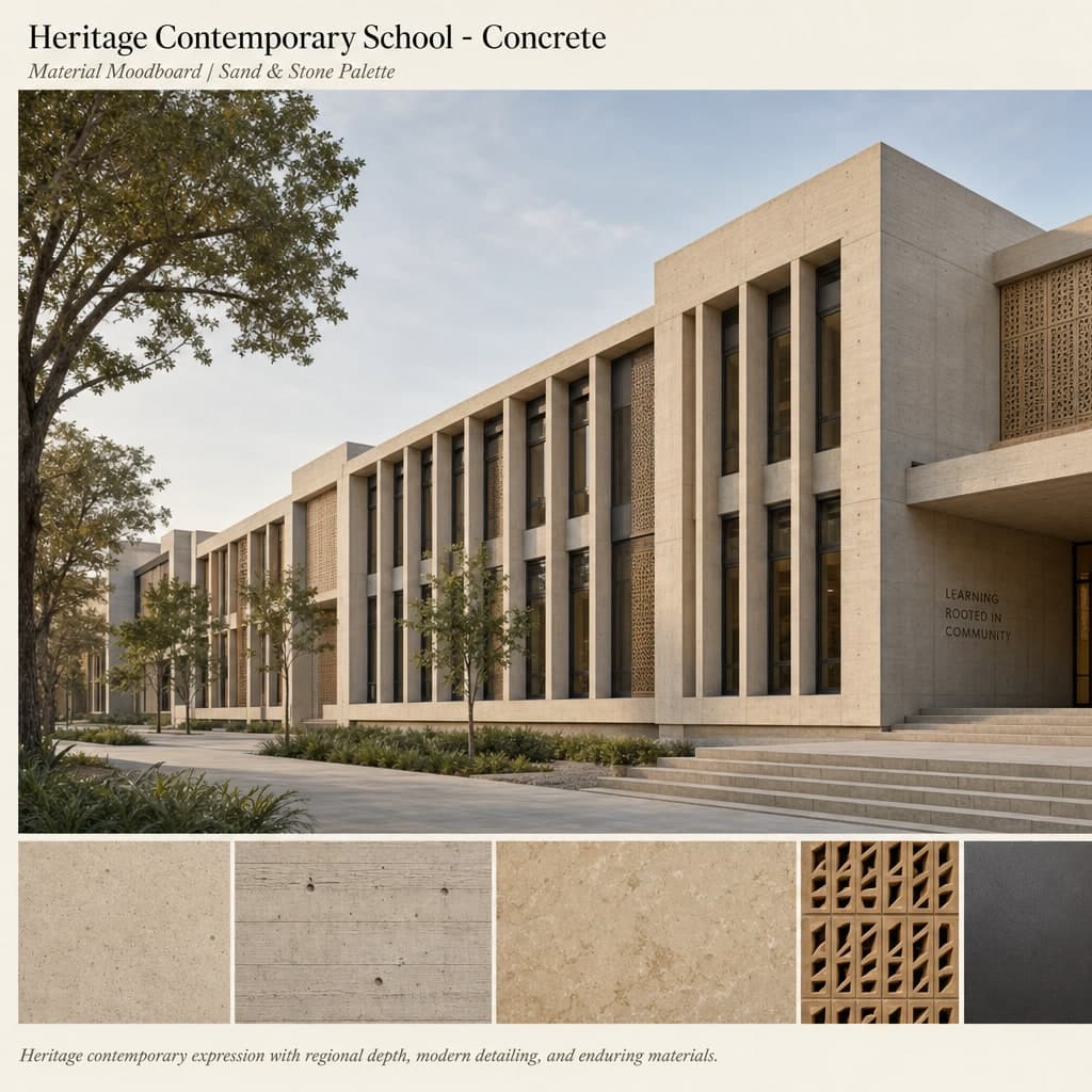 Heritage Contemporary School — Concrete exterior moodboard card