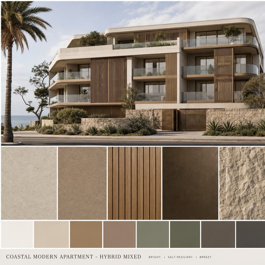 Coastal Modern Apartment — Hybrid Mixed exterior moodboard card