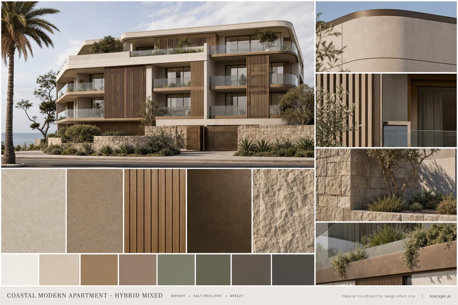 Coastal Modern Apartment — Hybrid Mixed exterior moodboard plate