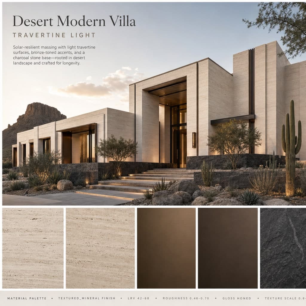 Desert Modern Villa — Travertine Light exterior moodboard card