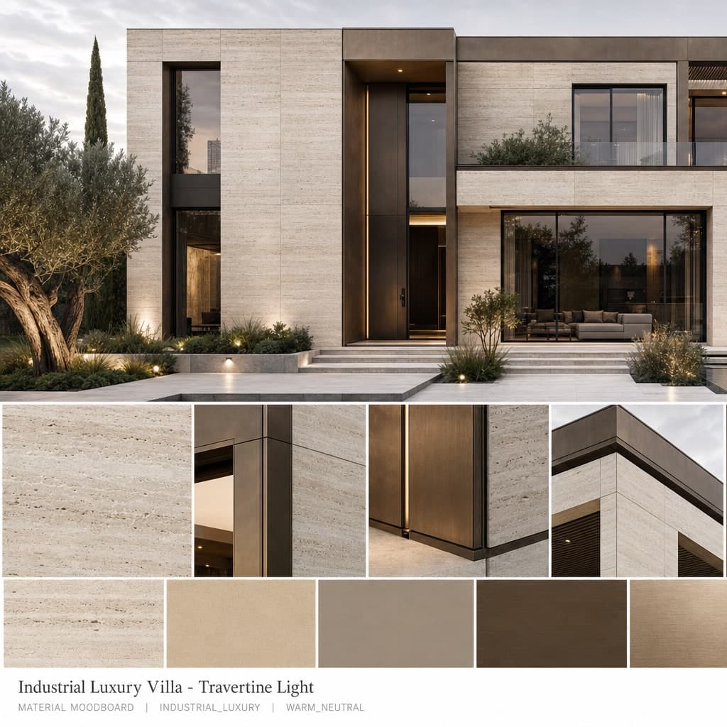 Industrial Luxury Villa — Travertine Light exterior moodboard card