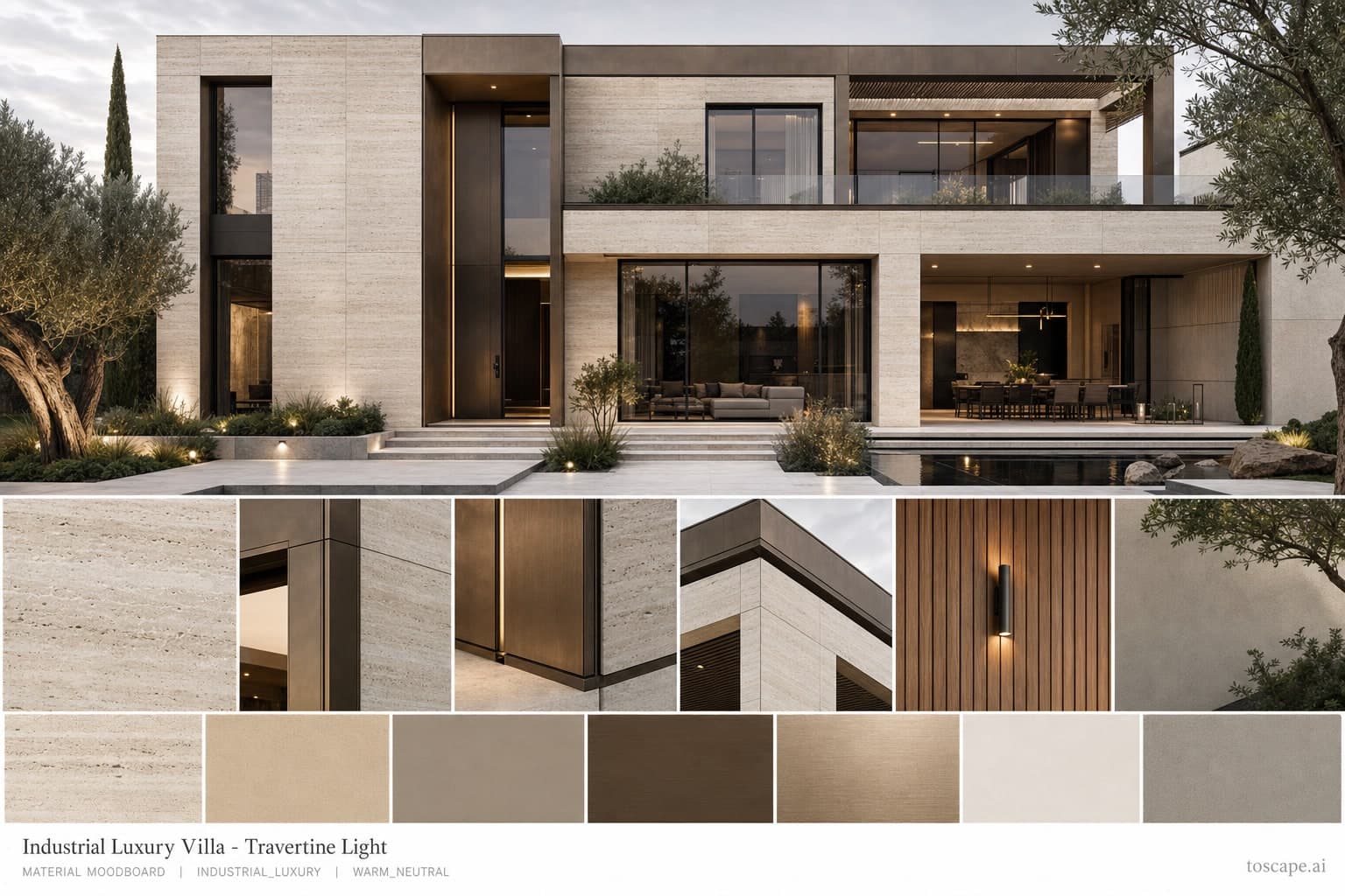 Industrial Luxury Villa — Travertine Light exterior moodboard plate