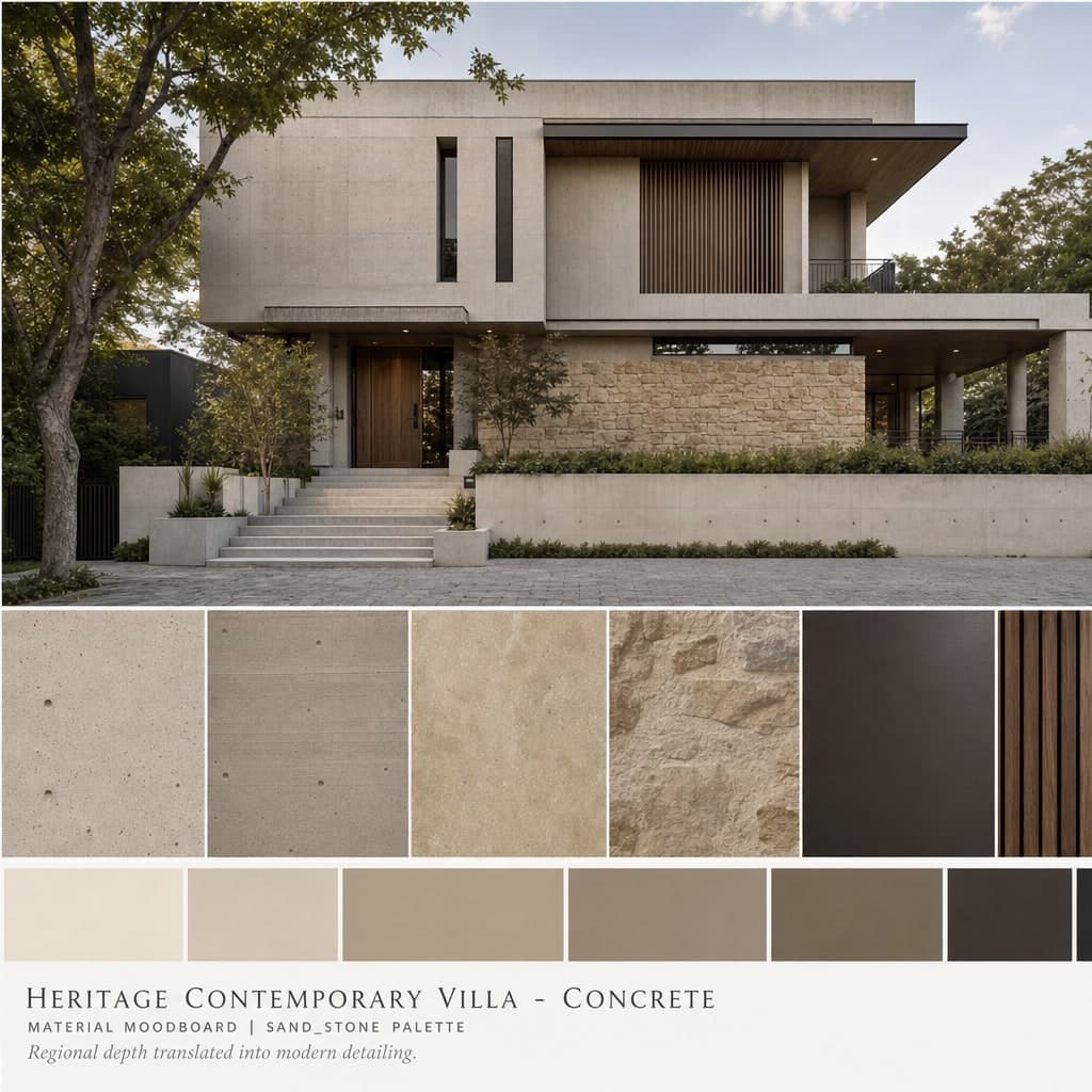 Heritage Contemporary Villa — Concrete exterior moodboard card
