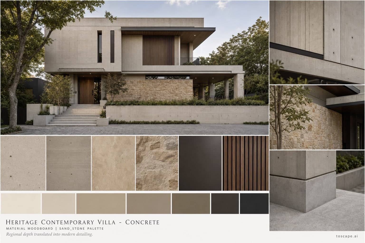 Heritage Contemporary Villa — Concrete exterior moodboard plate