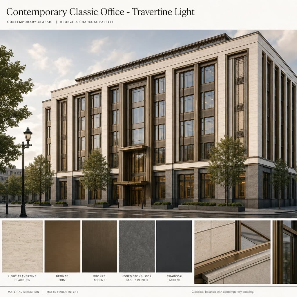 Contemporary Classic Office — Travertine Light exterior moodboard card