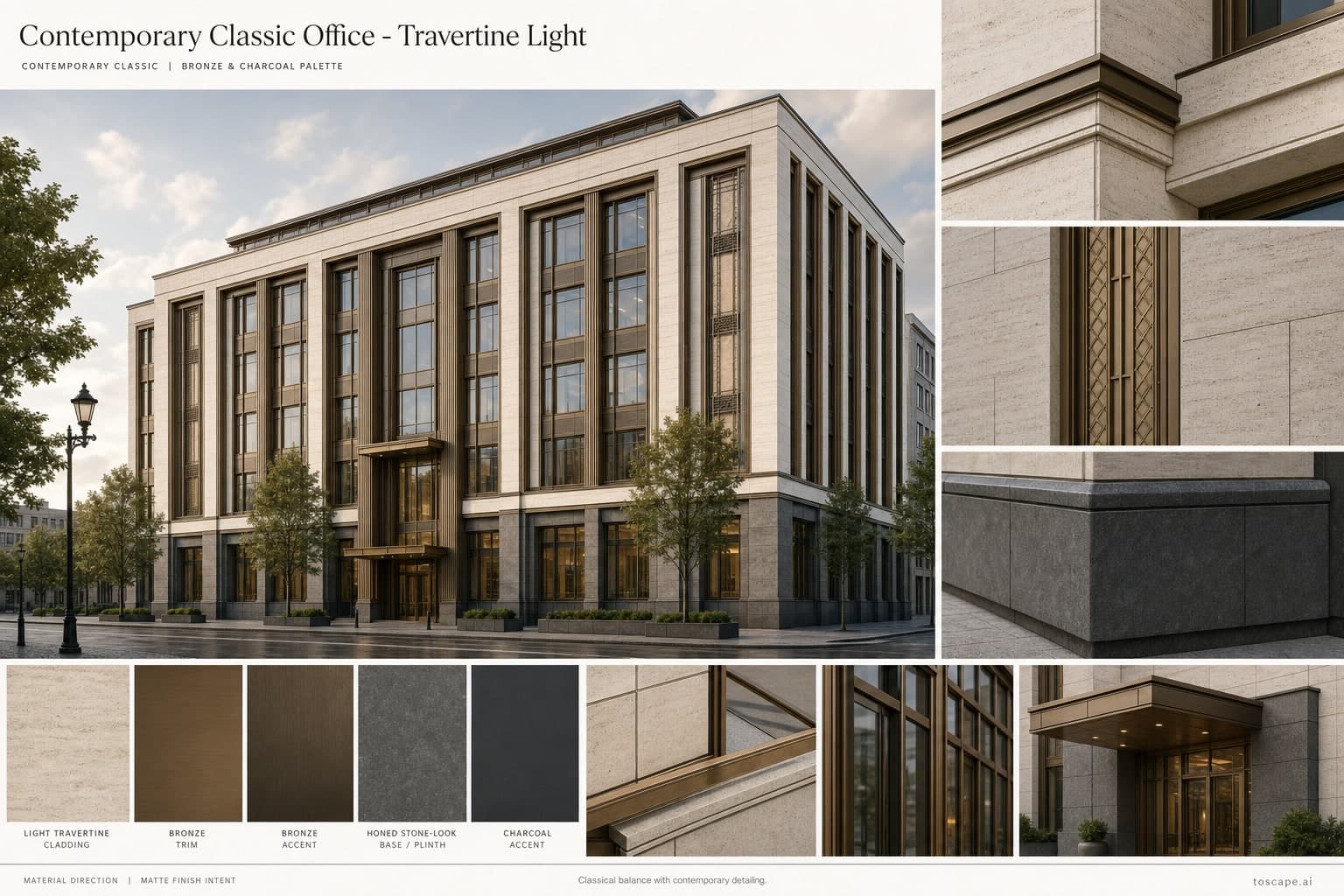 Contemporary Classic Office — Travertine Light exterior moodboard plate