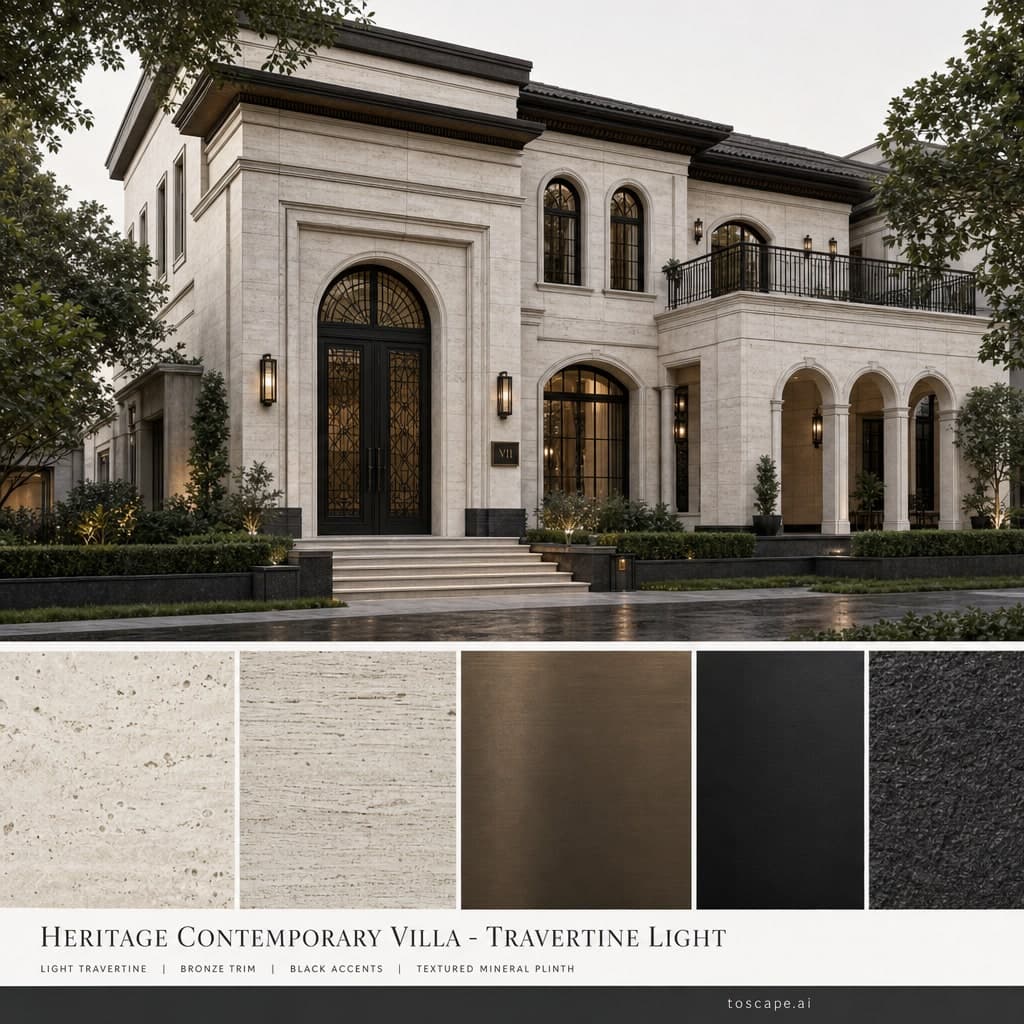 Heritage Contemporary Villa — Travertine Light exterior moodboard card