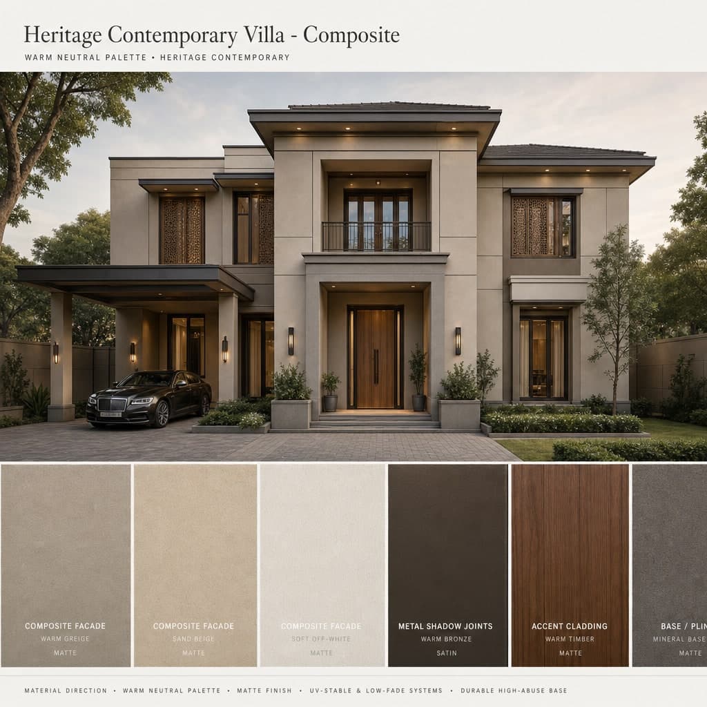 Heritage Contemporary Villa — Composite exterior moodboard card