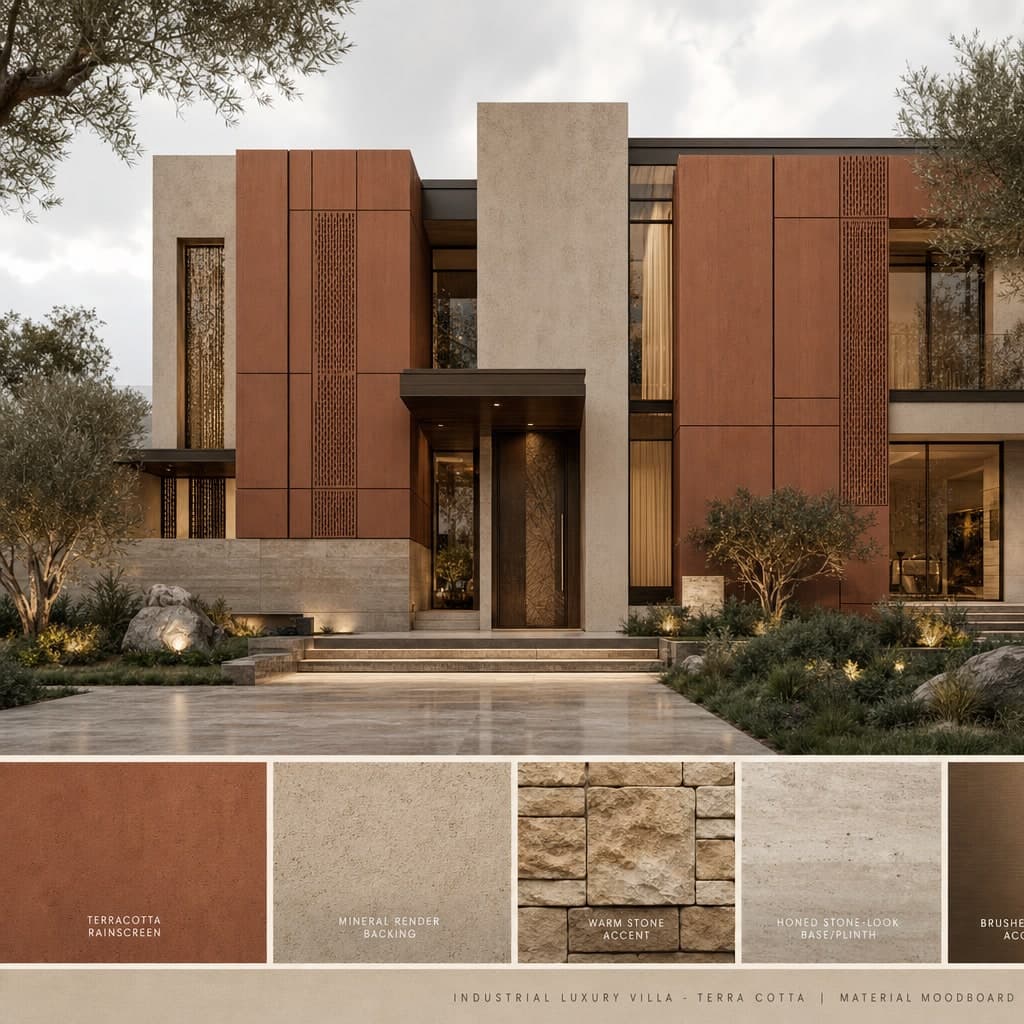 Industrial Luxury Villa — Terra Cotta exterior moodboard card
