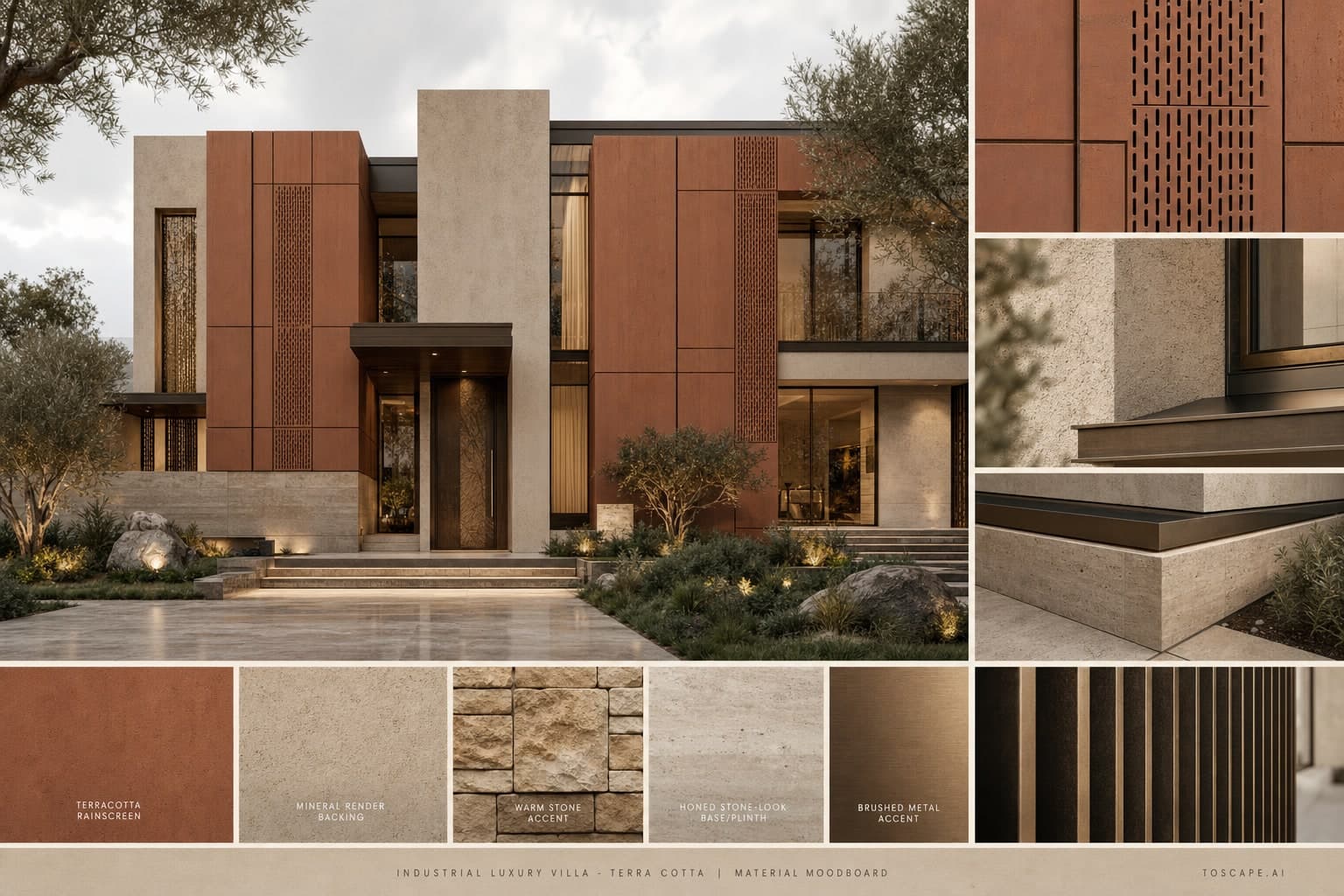 Industrial Luxury Villa — Terra Cotta exterior moodboard plate