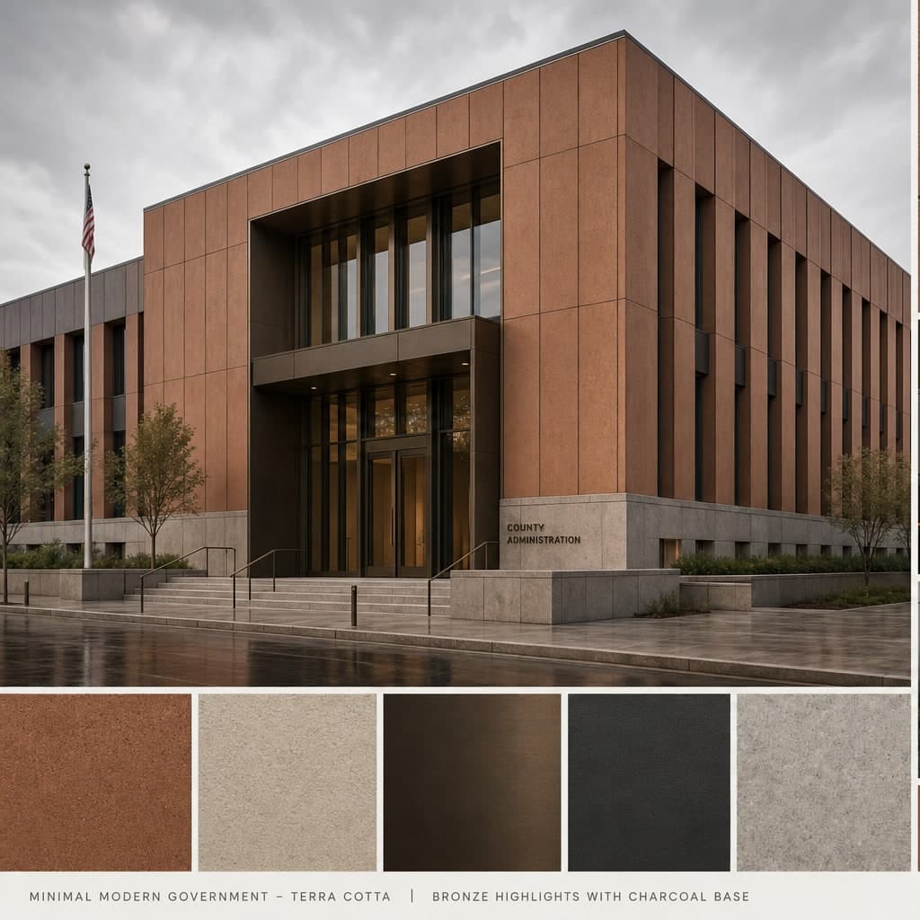 Minimal Modern Government — Terra Cotta exterior moodboard card