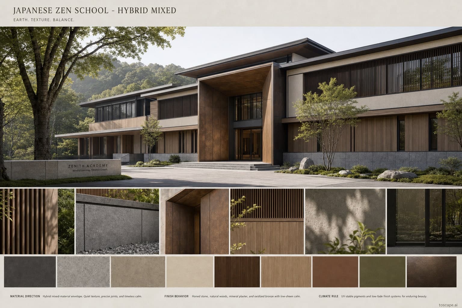 Japanese Zen School — Hybrid Mixed exterior moodboard plate