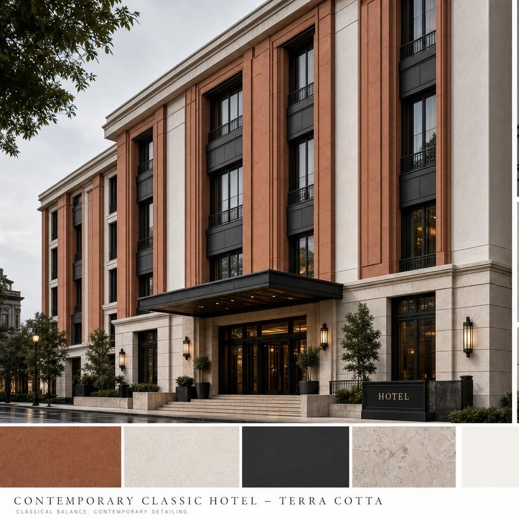 Contemporary Classic Hotel — Terra Cotta exterior moodboard card