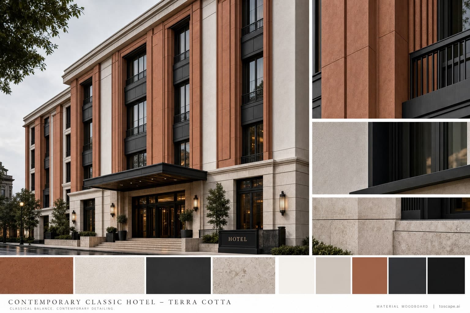 Contemporary Classic Hotel — Terra Cotta exterior moodboard plate