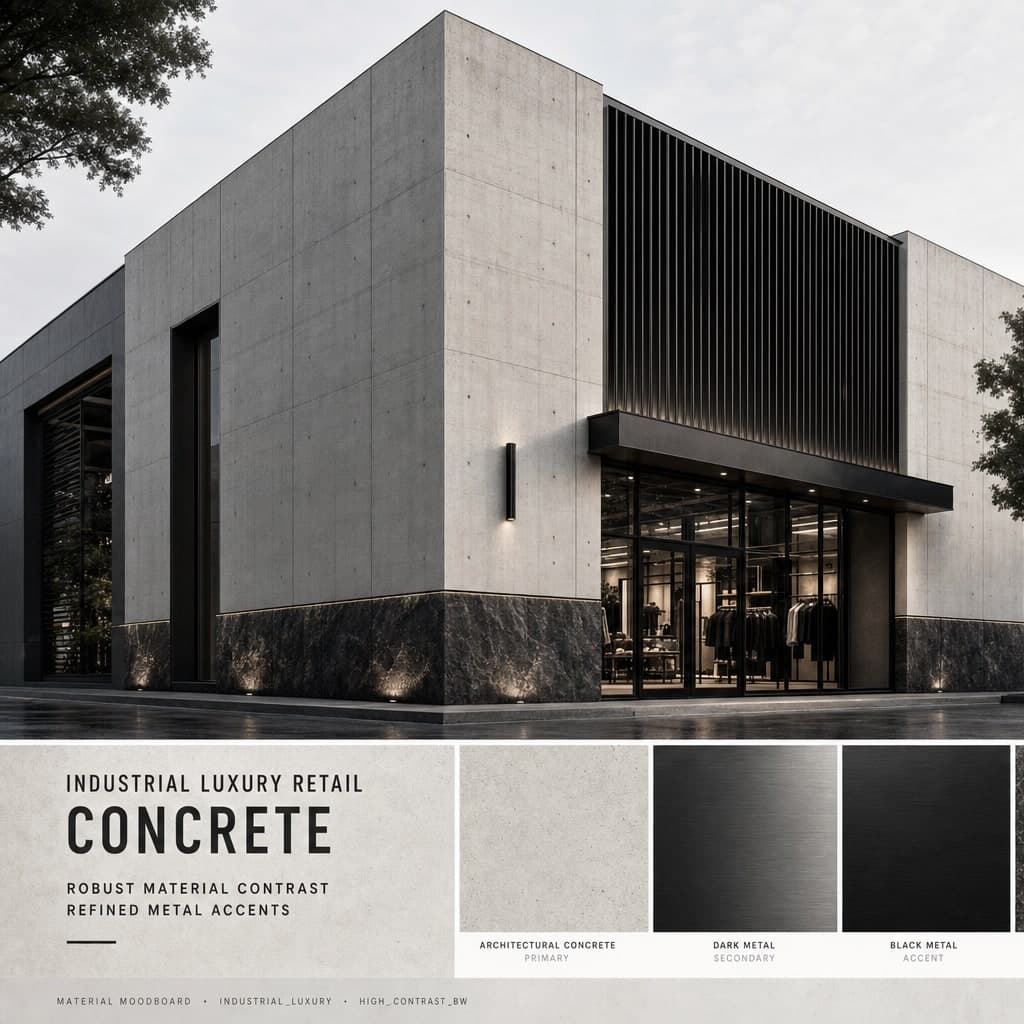 Industrial Luxury Retail — Concrete exterior moodboard card