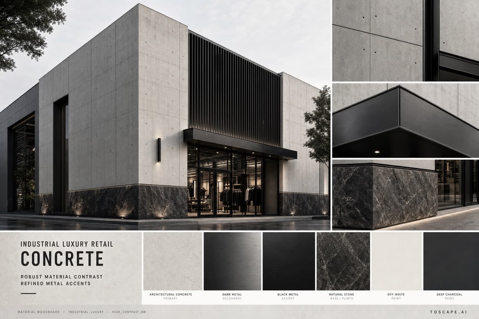 Industrial Luxury Retail — Concrete exterior moodboard plate