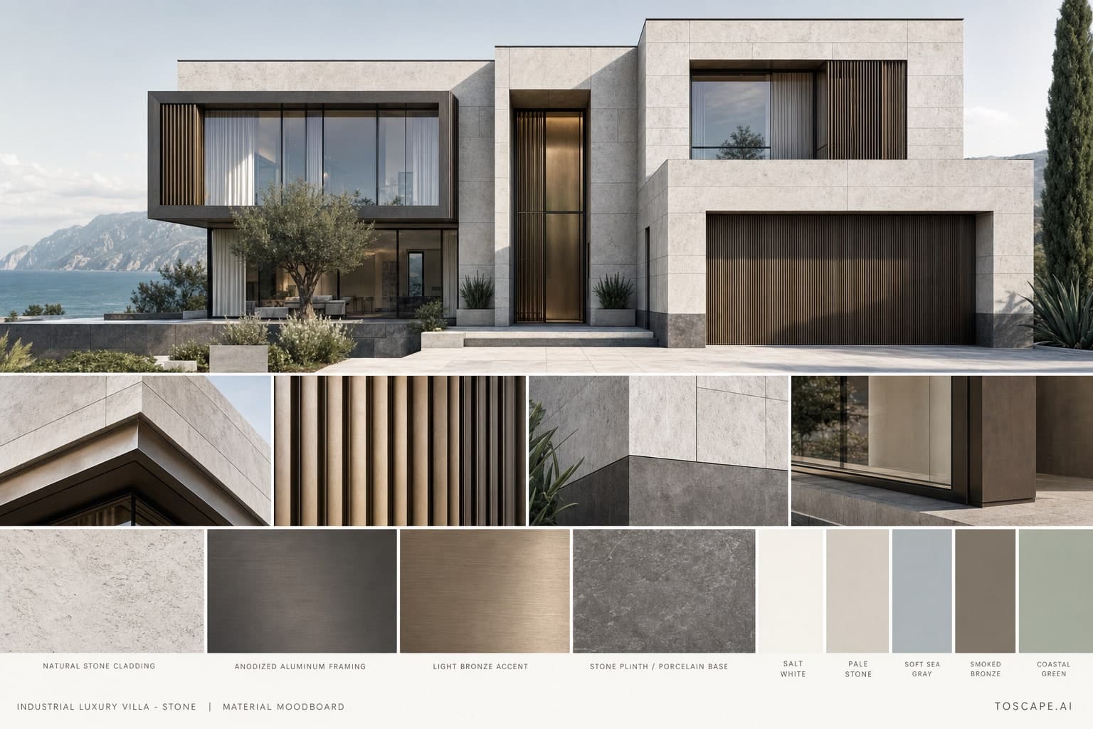 Industrial Luxury Villa — Stone exterior moodboard plate