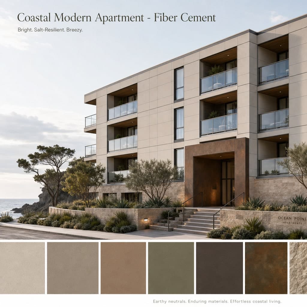 Coastal Modern Apartment — Fiber Cement exterior moodboard card