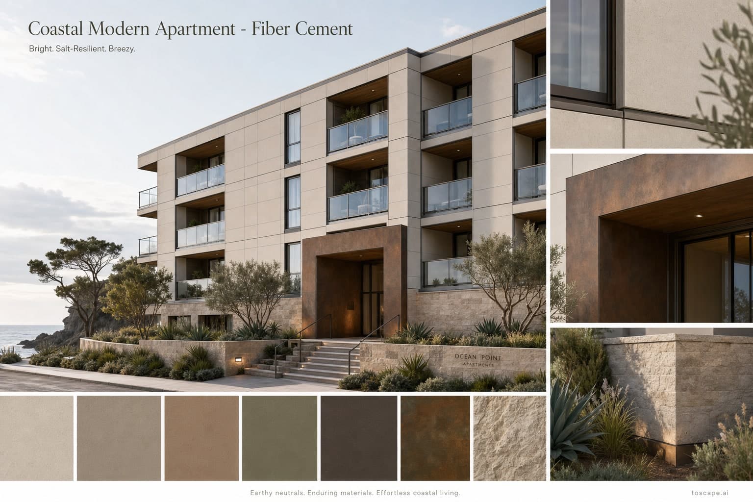 Coastal Modern Apartment — Fiber Cement exterior moodboard plate