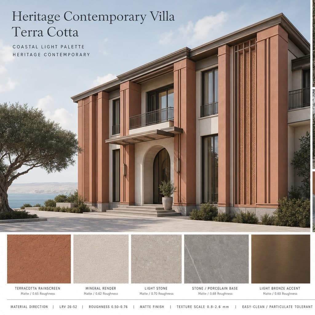 Heritage Contemporary Villa — Terra Cotta exterior moodboard card