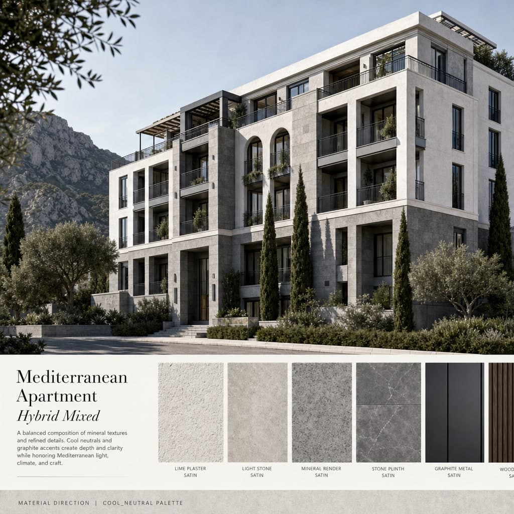 Mediterranean Apartment — Hybrid Mixed exterior moodboard card