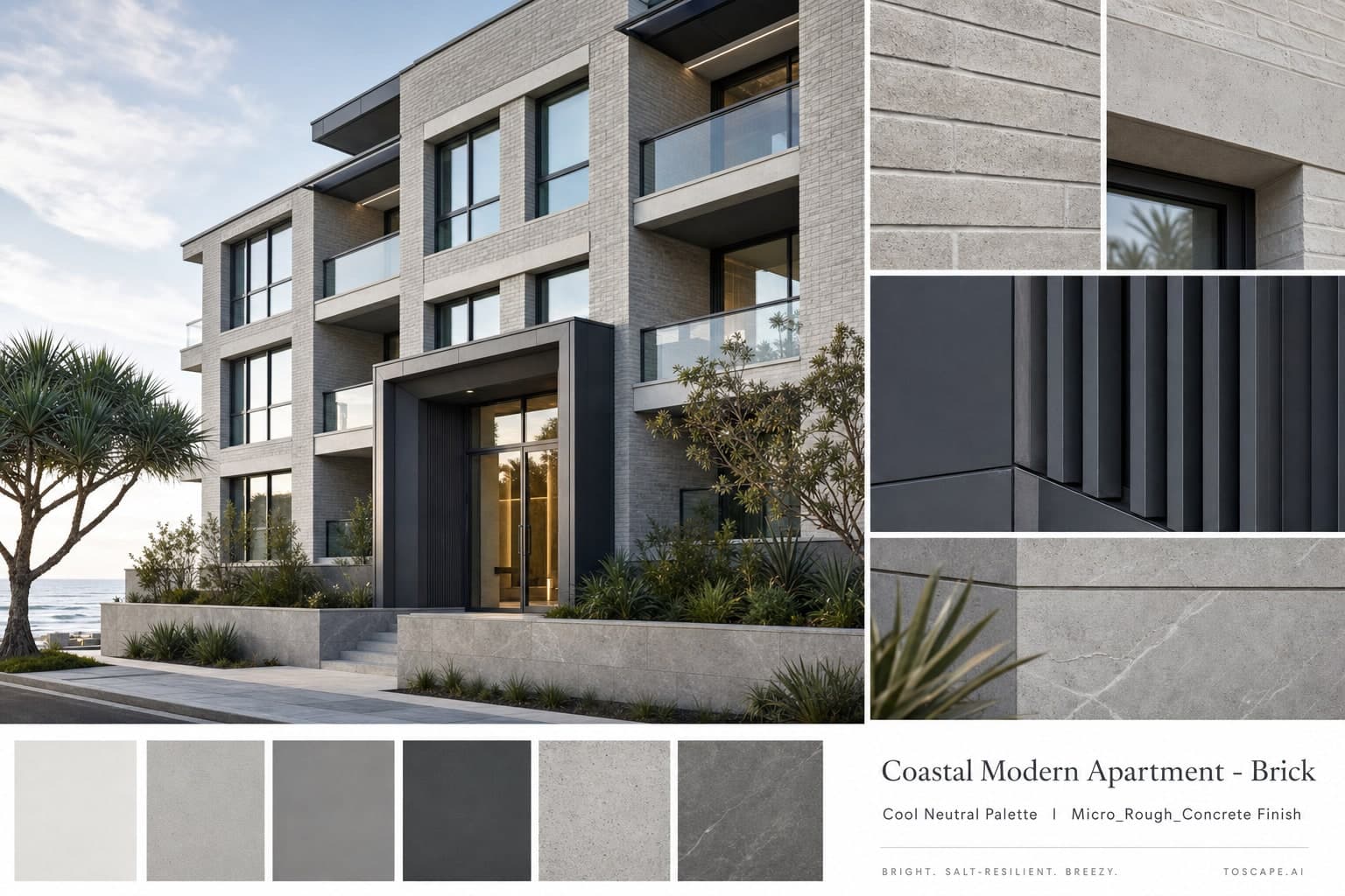 Coastal Modern Apartment — Brick exterior moodboard plate