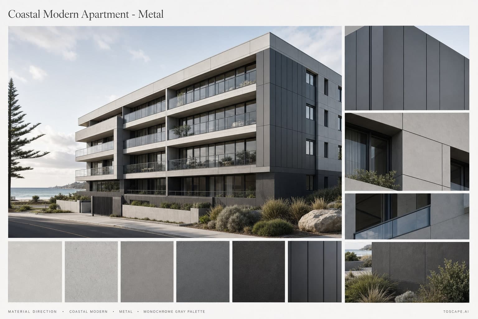Coastal Modern Apartment — Metal exterior moodboard plate