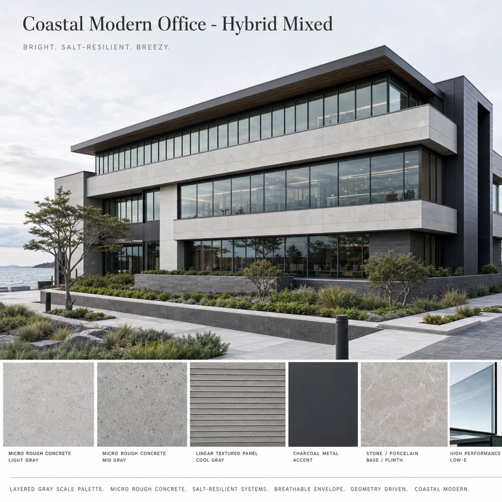 Coastal Modern Office — Hybrid Mixed exterior moodboard card