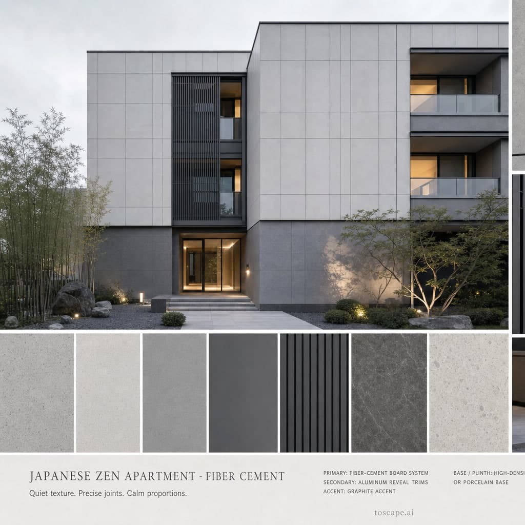 Japanese Zen Apartment — Fiber Cement exterior moodboard card
