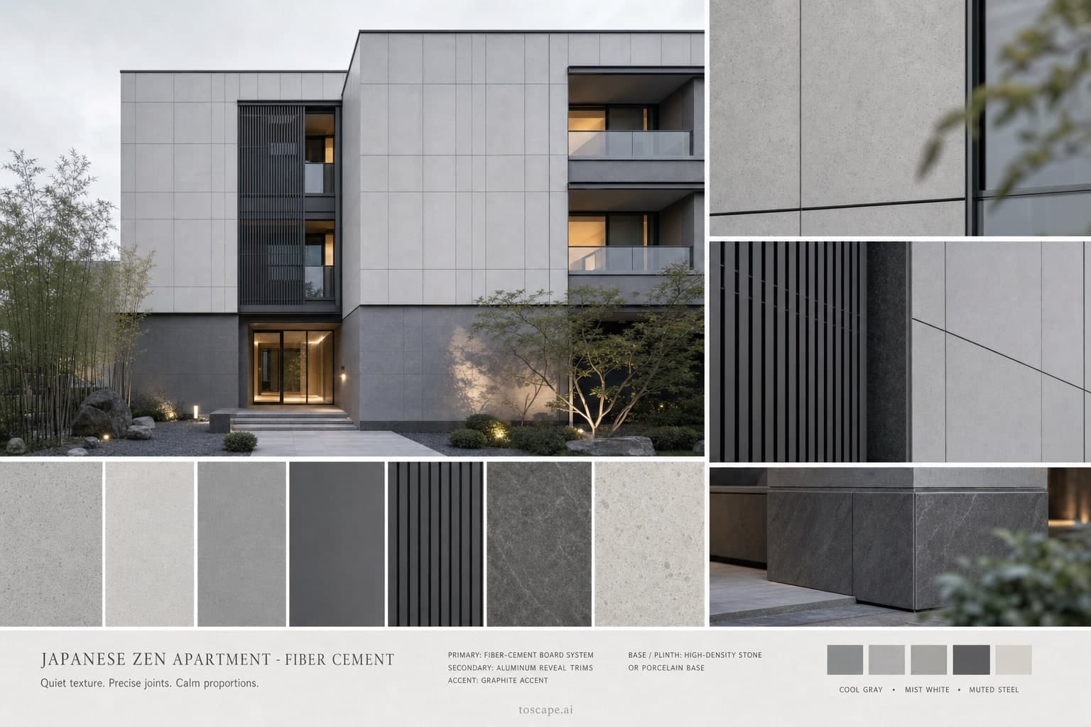 Japanese Zen Apartment — Fiber Cement exterior moodboard plate