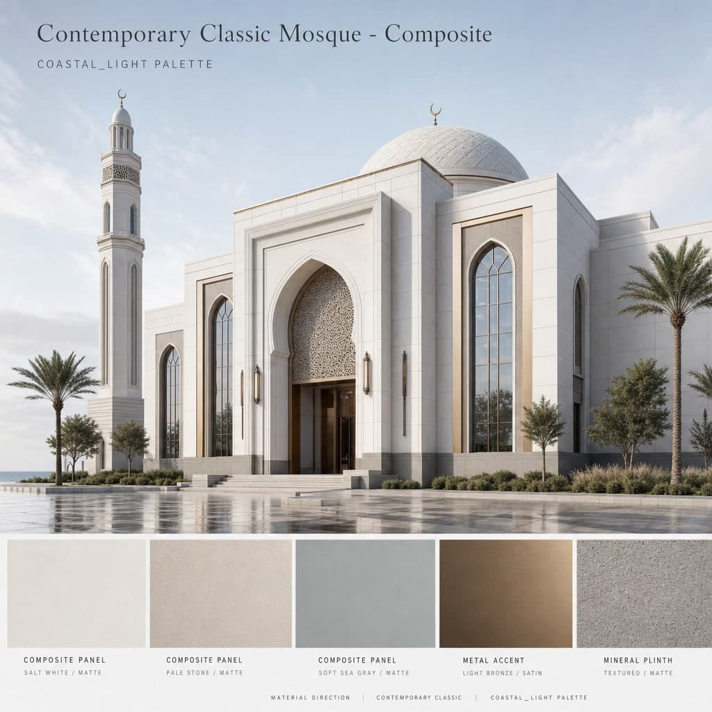 Contemporary Classic Mosque — Composite exterior moodboard card