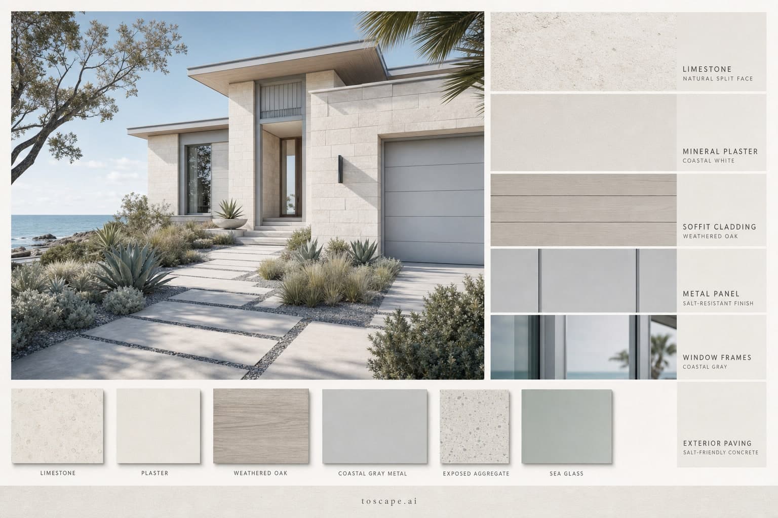 Coastal Light Stone Residence exterior moodboard plate