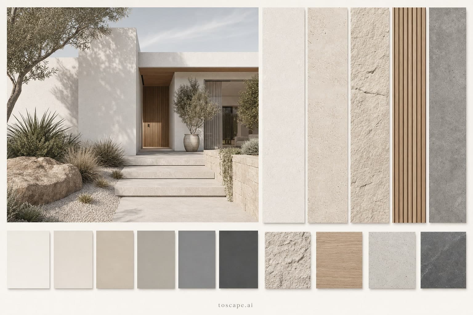 Climate Adaptive Sand Stone Villa exterior moodboard plate