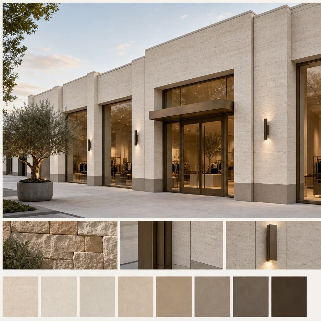 Minimal Modern Retail — Travertine Light exterior moodboard card
