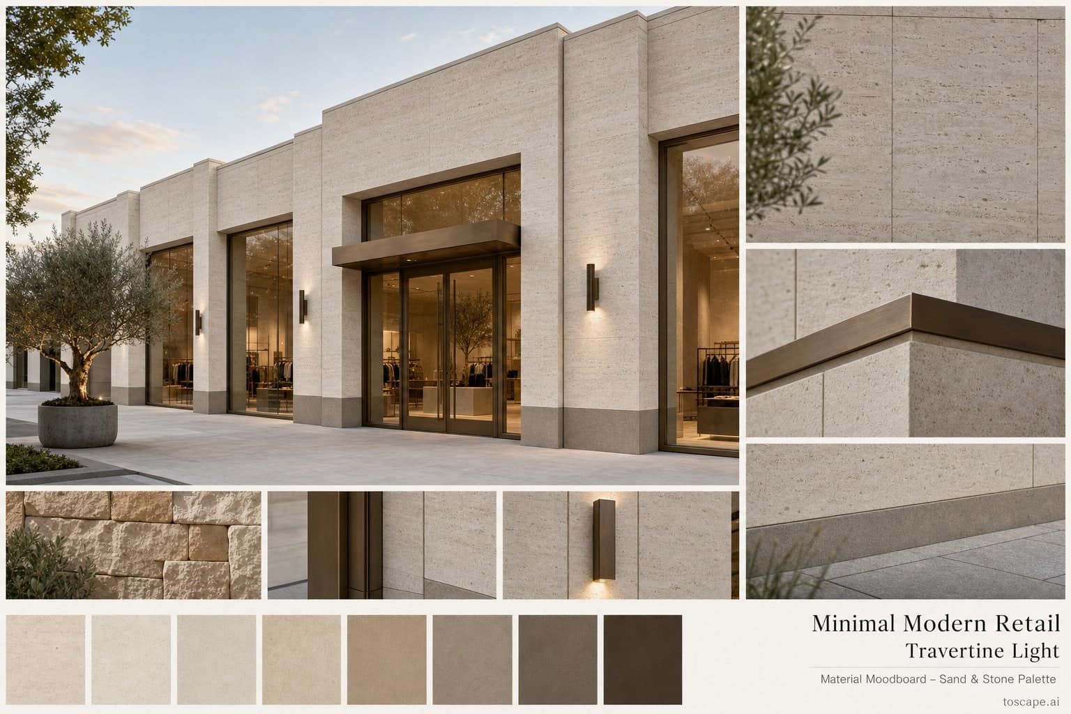Minimal Modern Retail — Travertine Light exterior moodboard plate